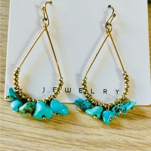 Earring! Gold teardrop loops with torquoise stones.